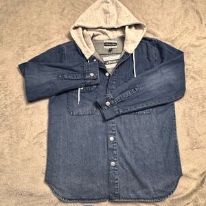 Alivia Ford Denim Shirt Jacket with Gray Knit Hood -‎ Women's Size Large